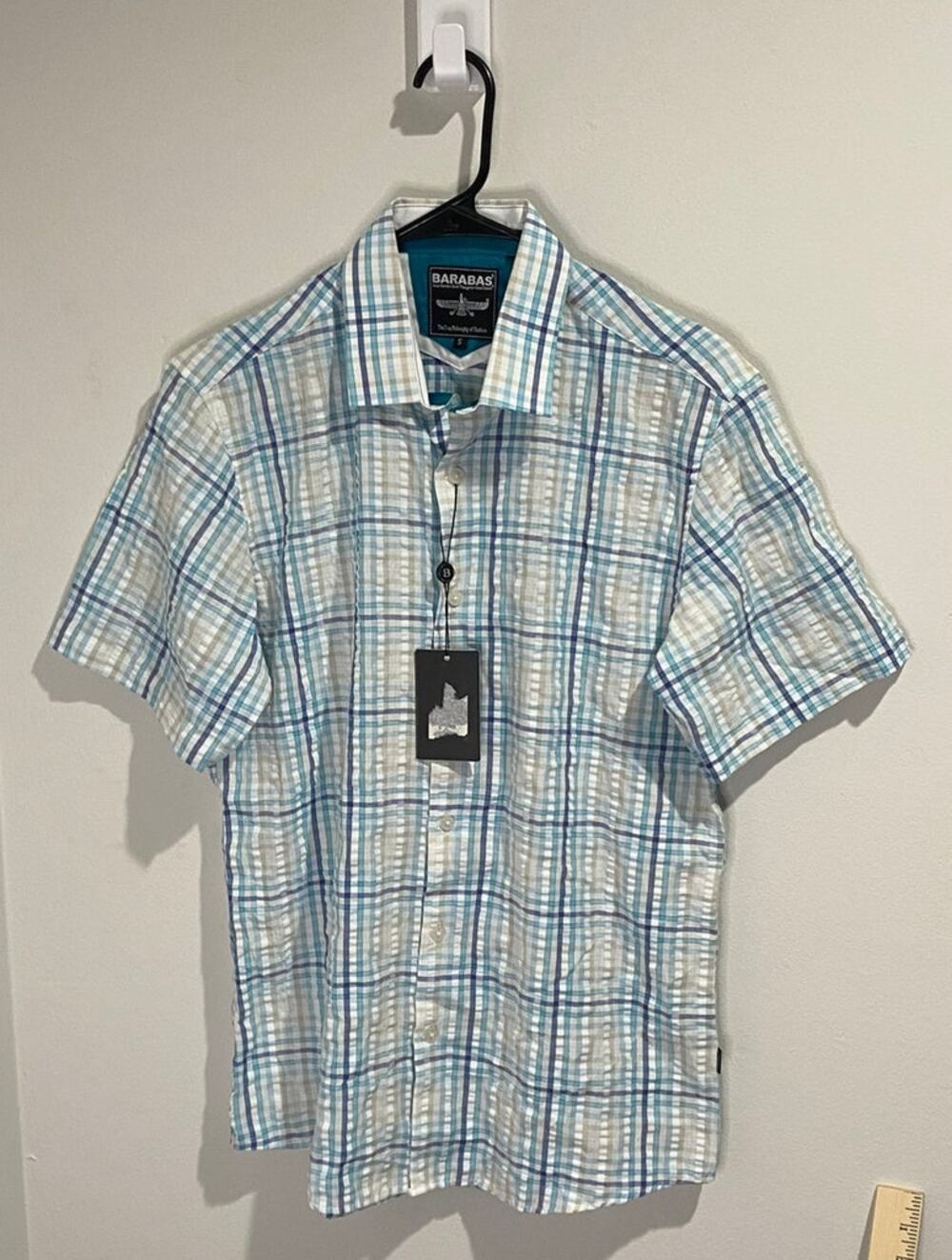 Barabas Mens Small Short Sleeve Button Down Shirt Blue Plaid Cotton NWT - Defect
